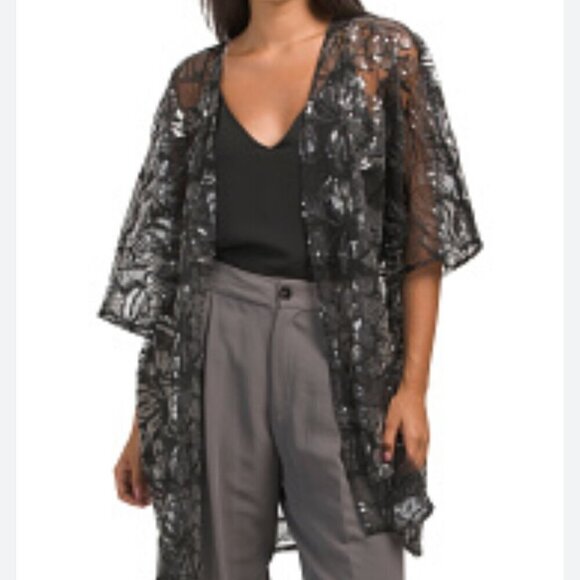 NWT Anne Klein Black Oversized Sheer Cardigan with Sequins, Size S/M - Picture 1 of 16